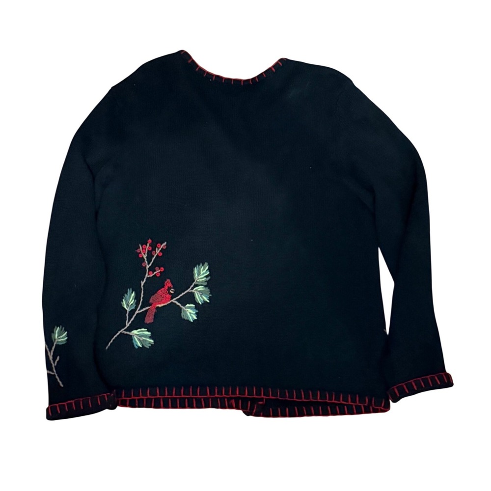 Coldwater Creek Cardinal Embroidered Sweater Women's Large Black Ramie Cotton - Picture 9 of 12